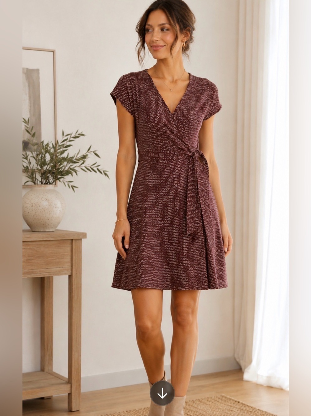 Za Zen Midi Dress Chevron V Neck Tie Waist Stretch Brown Gold Red Women’s L